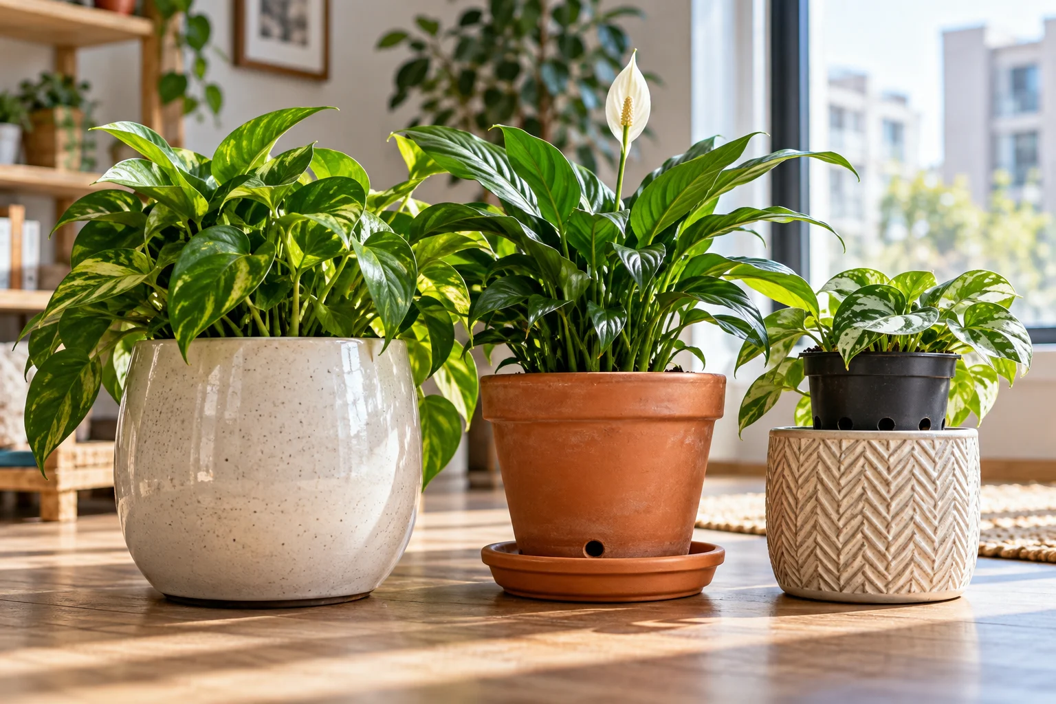 Plant pots without drainage holes displayed with draining pots and houseplants in a bright apartment.