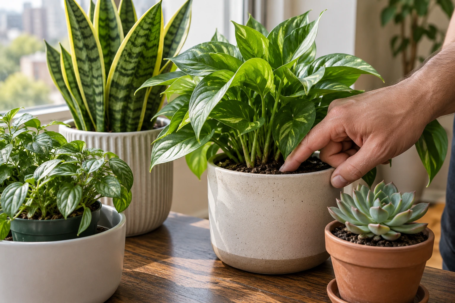 Houseplants in different container sizes being checked for moisture before vacation