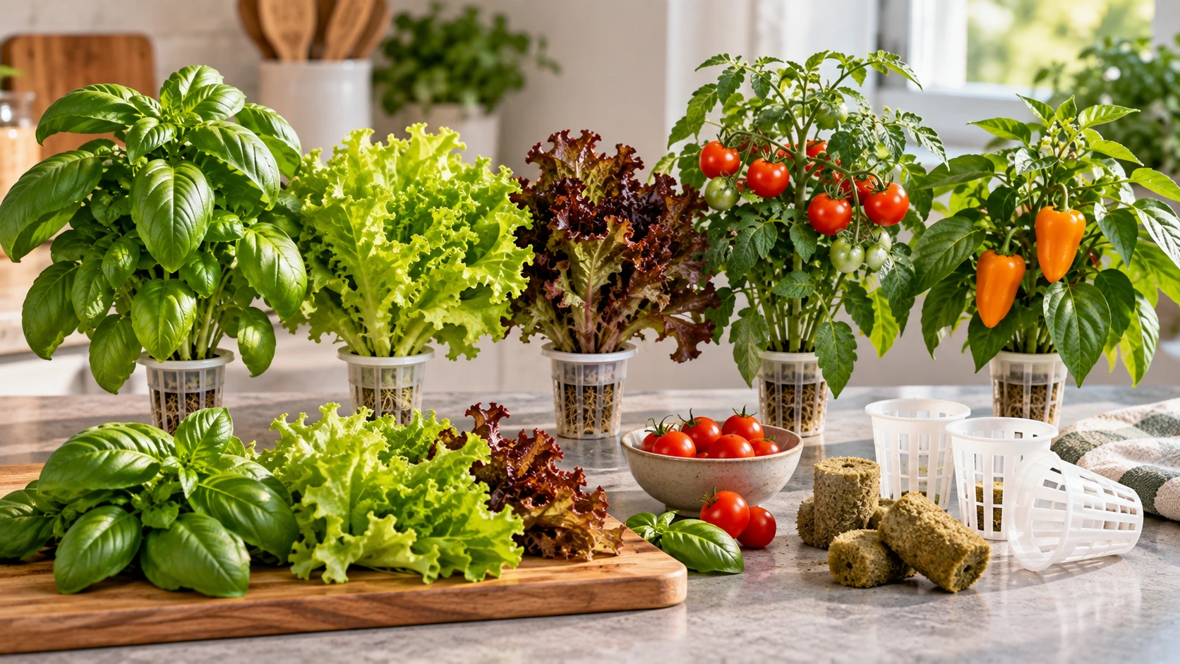 Basil, lettuce, leafy greens, dwarf tomato and compact pepper plants for hydroponic growing