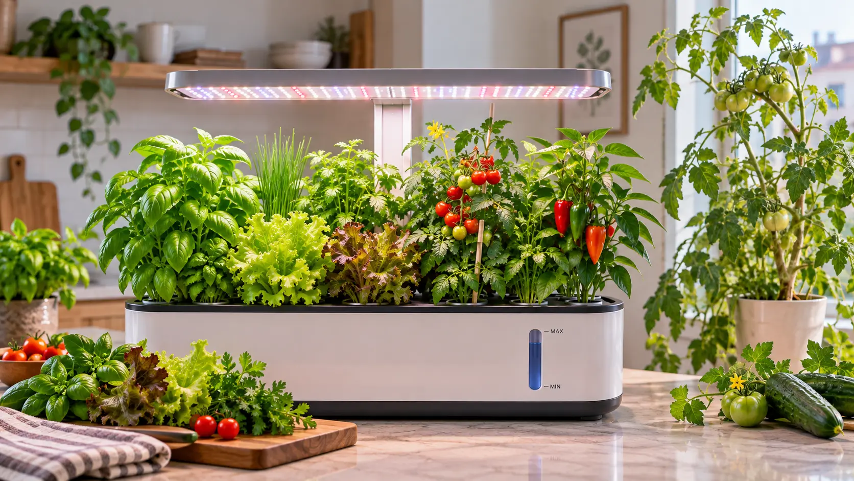 Basil, lettuce, herbs, dwarf tomato and compact pepper plants suitable for a small hydroponic garden