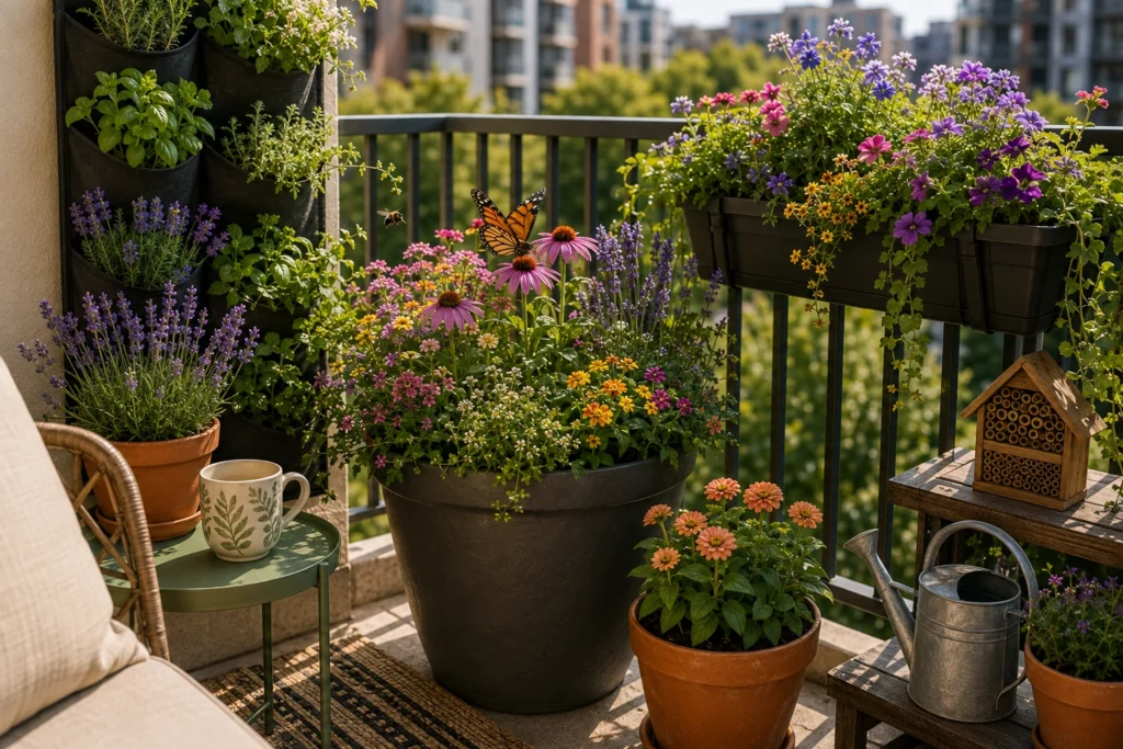 Pollinator-friendly balcony garden with colorful container flowers and a visiting butterfly