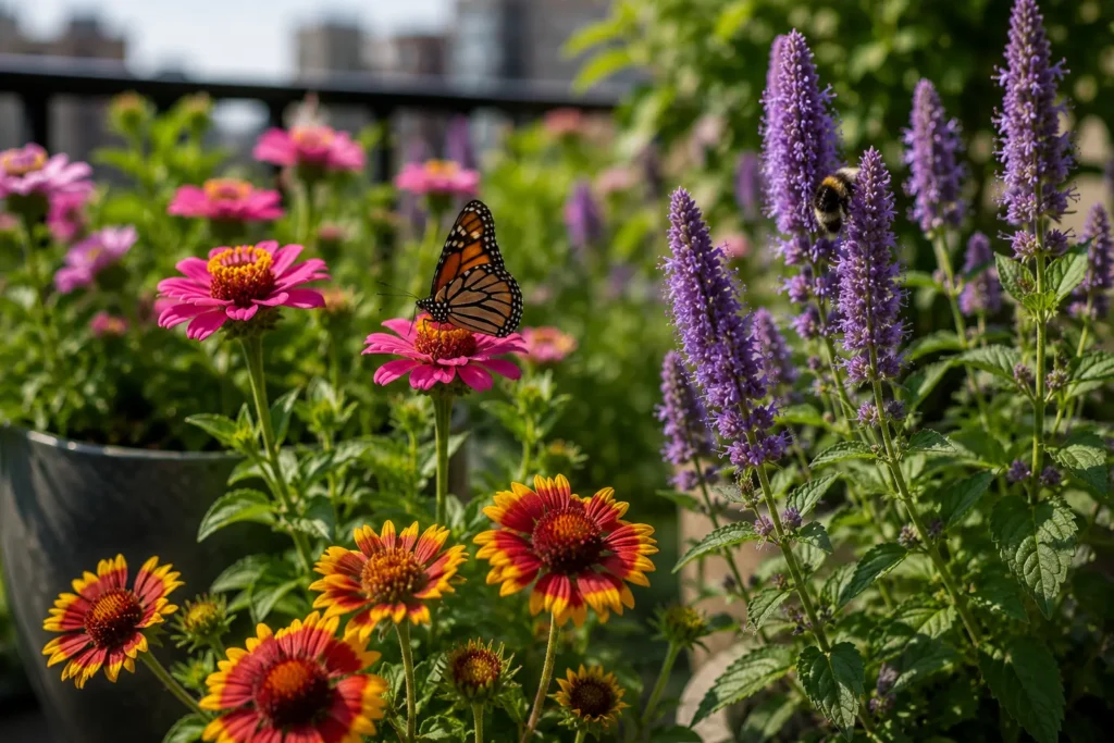 Zinnias, anise hyssop, and blanket flowers growing in balcony containers