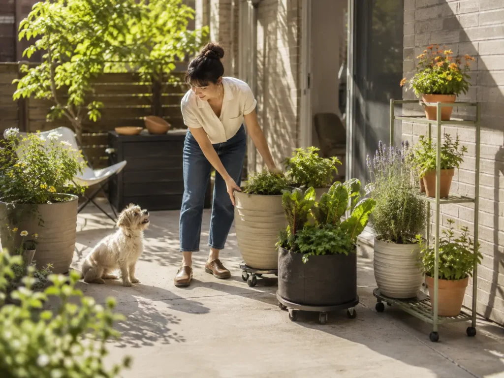 Woman moving large patio containers on wheeled plant caddies with a small dog nearby