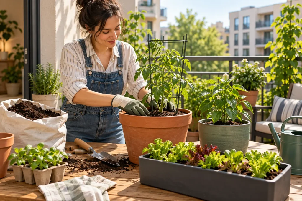 Woman filling vegetable containers with potting mix on an apartment patio