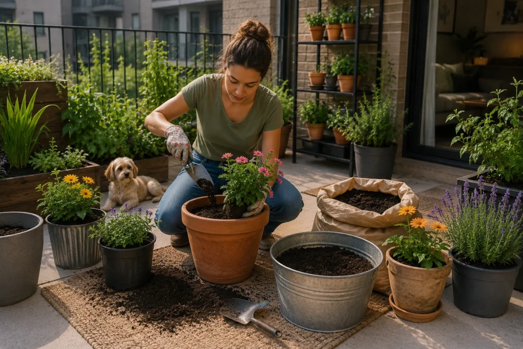 Woman potting a flowering plant in a patio container using fresh potting mix