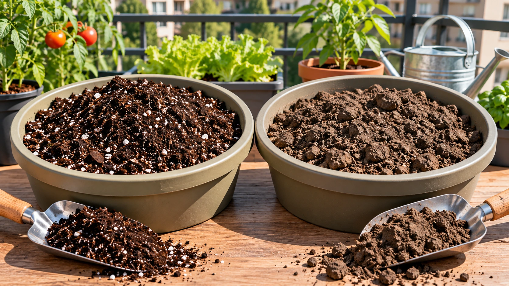 Lightweight potting mix beside dense garden soil for comparison in vegetable containers