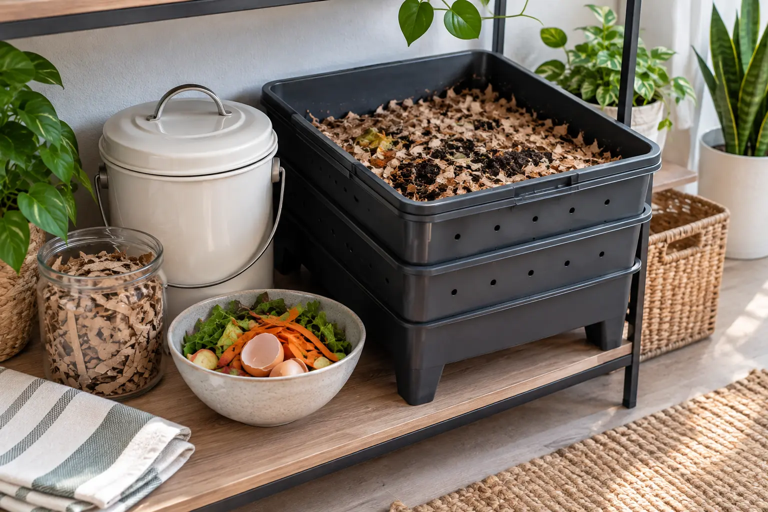 Closed compost container and covered worm bin kept clean to help prevent odors and fruit flies