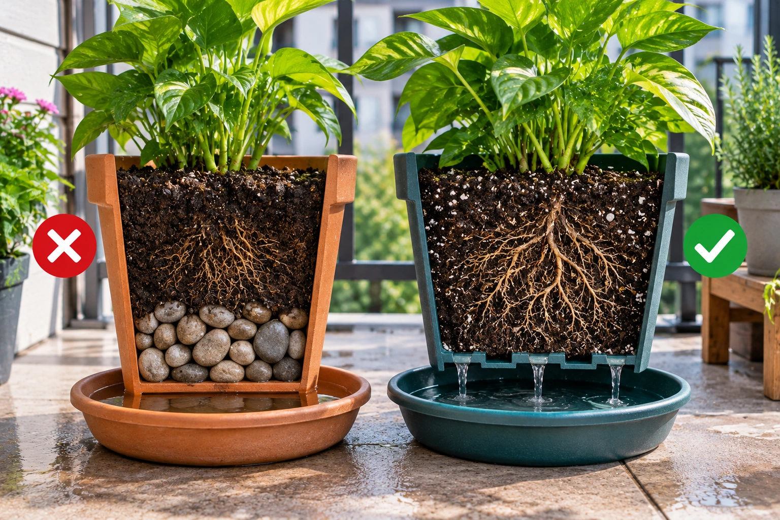 Plant pot with drainage holes and potting mix showing proper container drainage without a gravel layer.