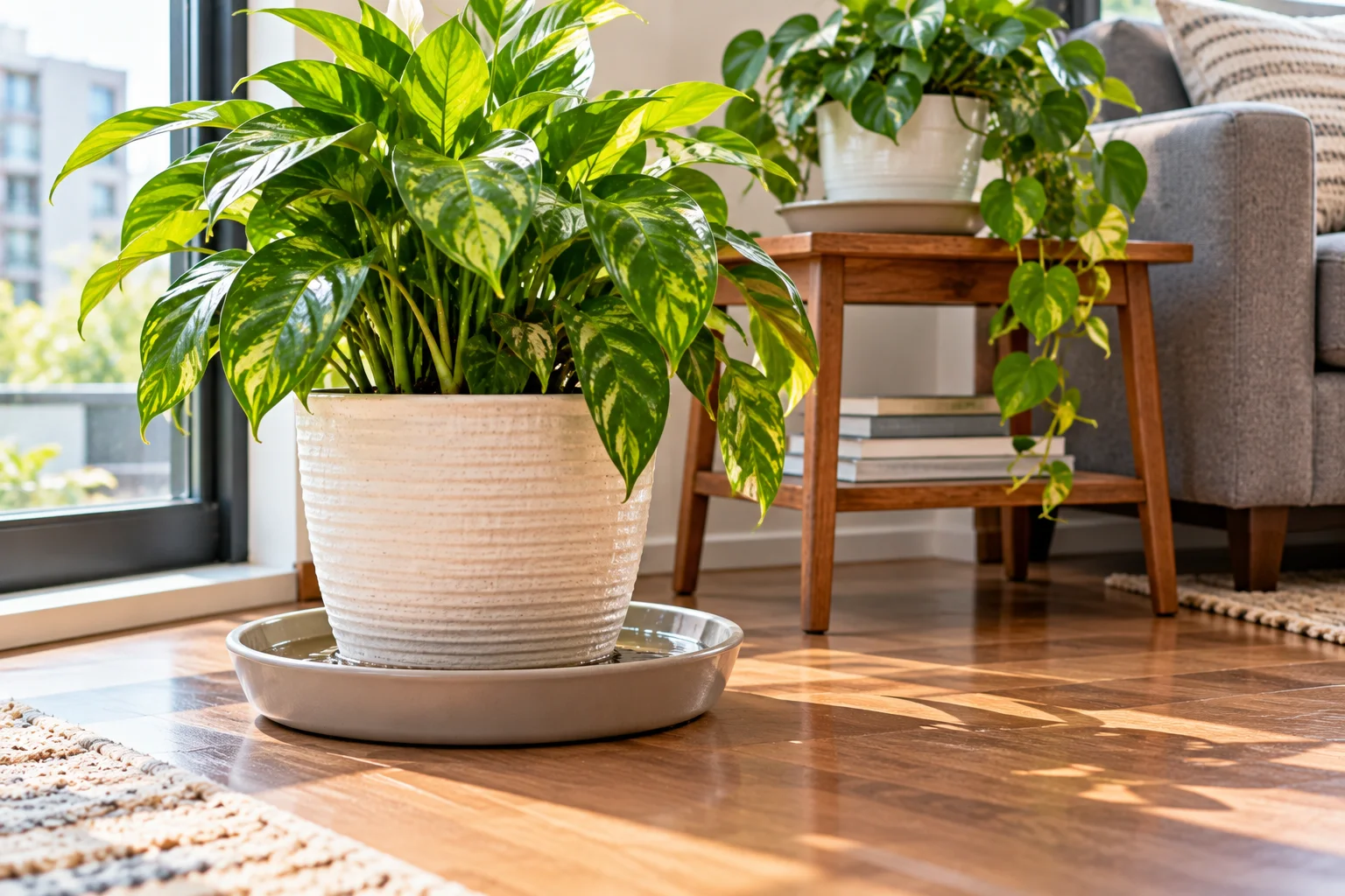 Indoor plant pot with drainage holes on a saucer protecting an apartment floor from water.