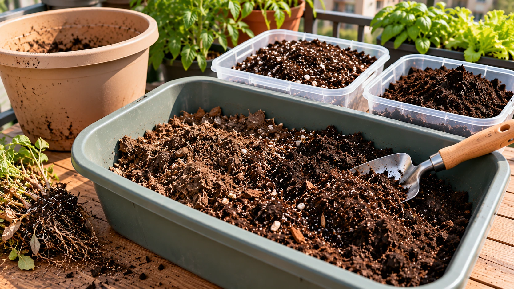 Old container potting mix being refreshed with fresh growing mix and finished compost