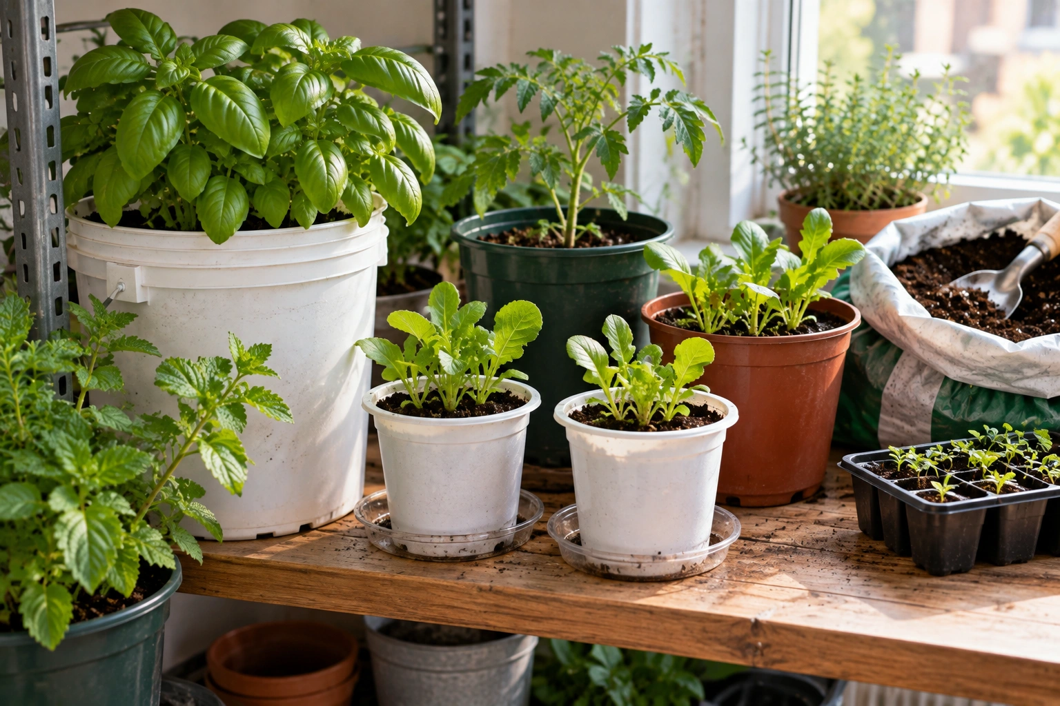 Herbs and seedlings growing in clean reused containers with proper drainage