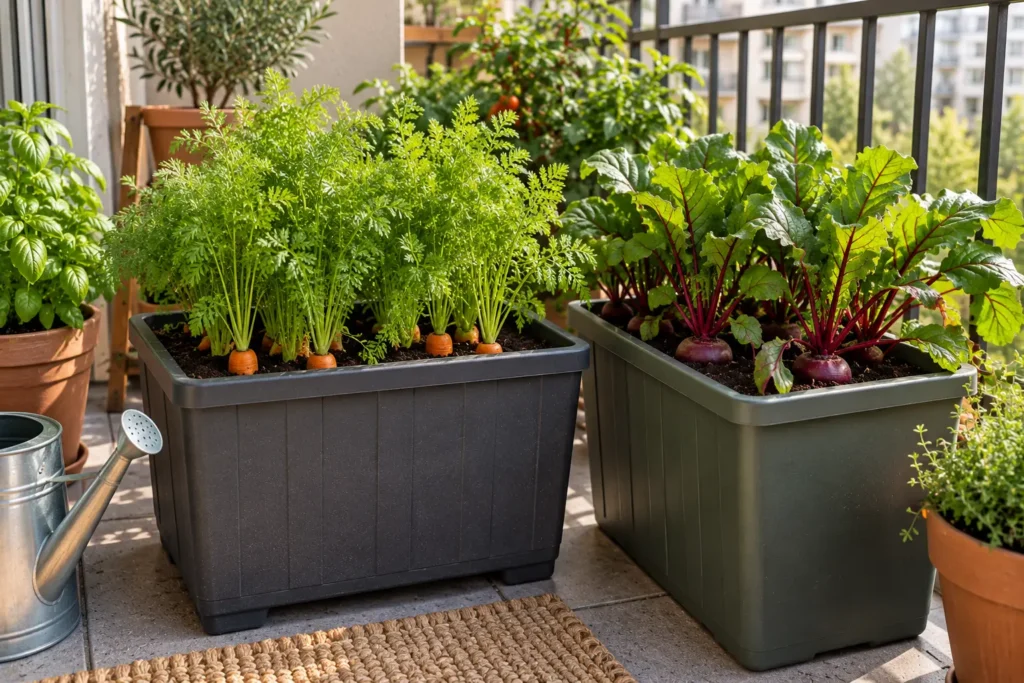 Carrots and beets growing in deep containers for an apartment garden