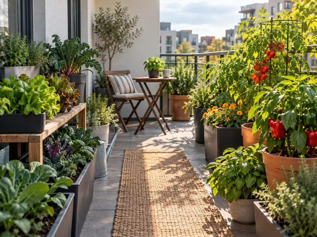 Apartment vegetable garden with cool-season greens and warm-season vegetables in separate containers