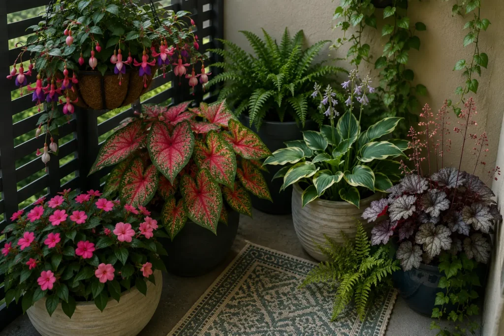 Shade-loving balcony plants including impatiens, fuchsia, caladium, and hosta in containers