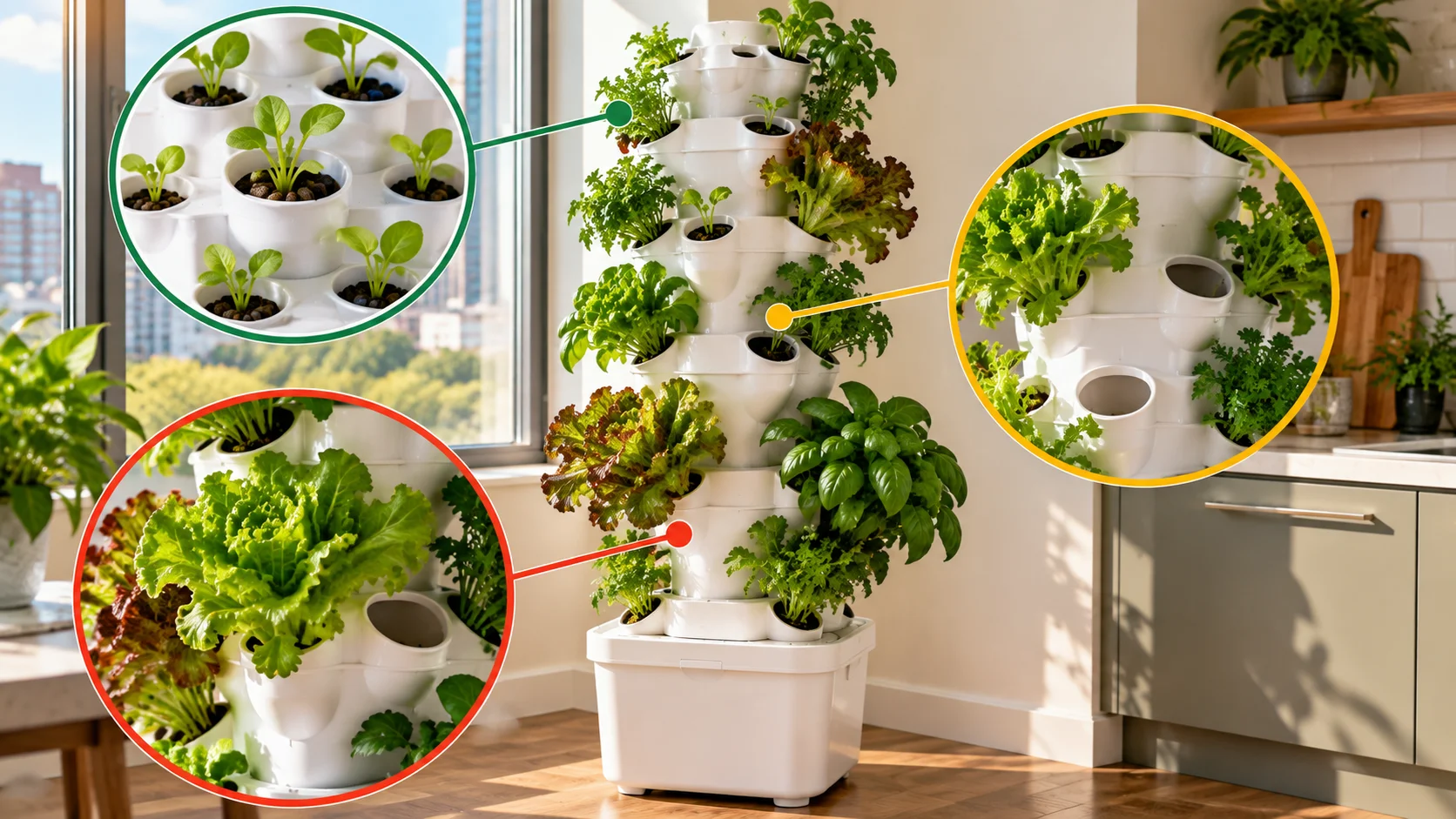 Vertical hydroponic tower showing open planting sites between mature lettuce and herbs