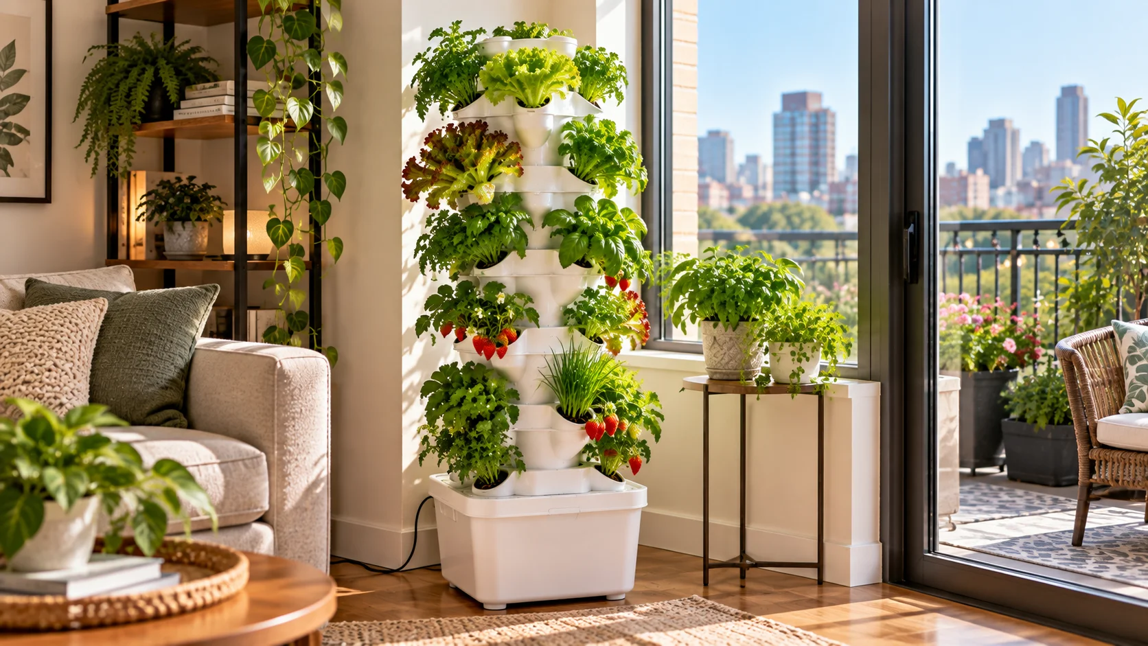 Six-tier hydroponic tower with mature greens positioned in a small apartment near a bright window