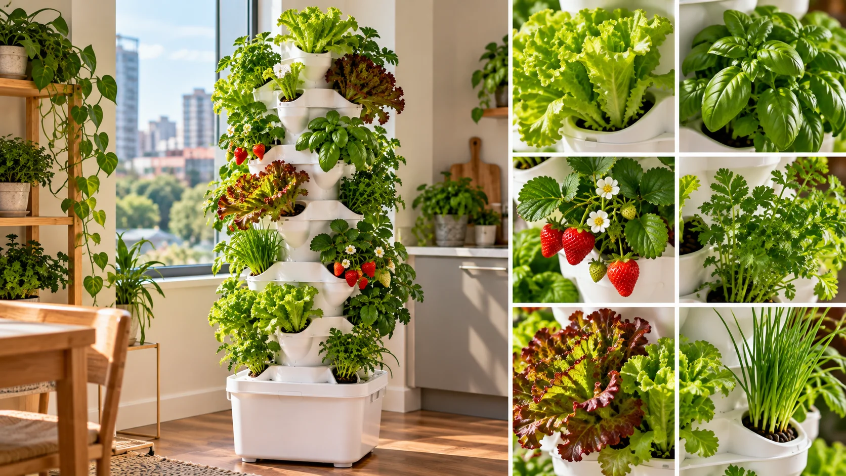 Vertical hydroponic tower growing lettuce, basil, herbs, and strawberries with open spacing
