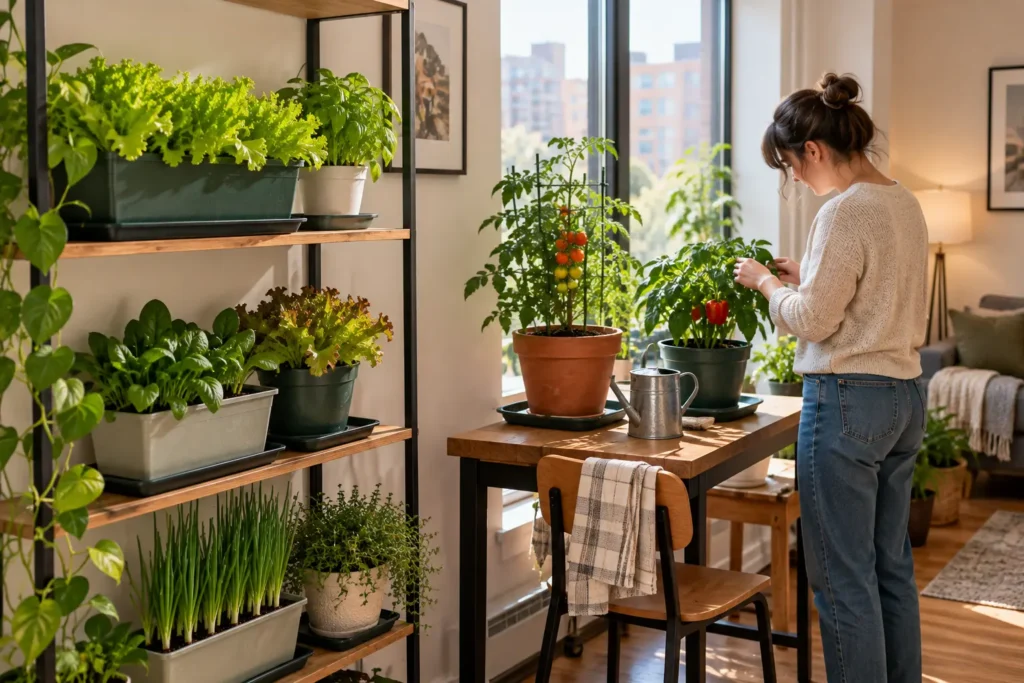 Small apartment indoor vegetable garden on a shelf and table