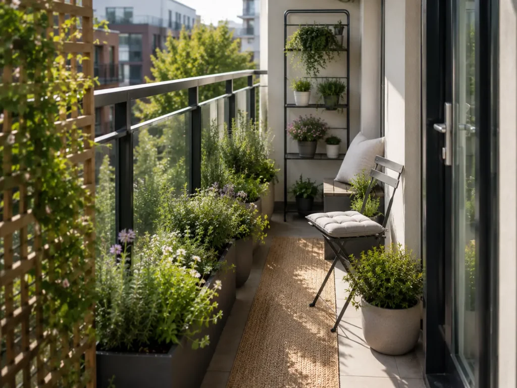 Small balcony garden with separate planting, seating, and open access areas