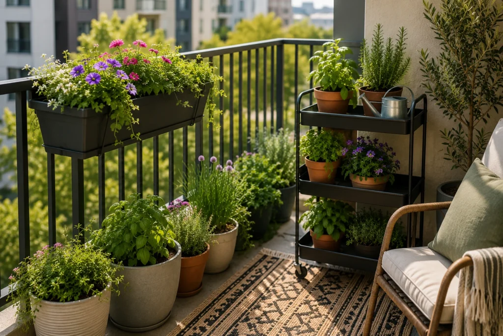 Small apartment balcony garden with potted plants and a rolling plant cart