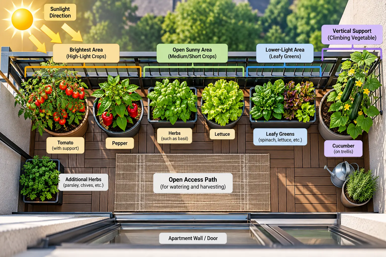 Small container vegetable garden layout showing sunny growing zones, taller vegetables, shorter crops, vertical support, and an open access path.