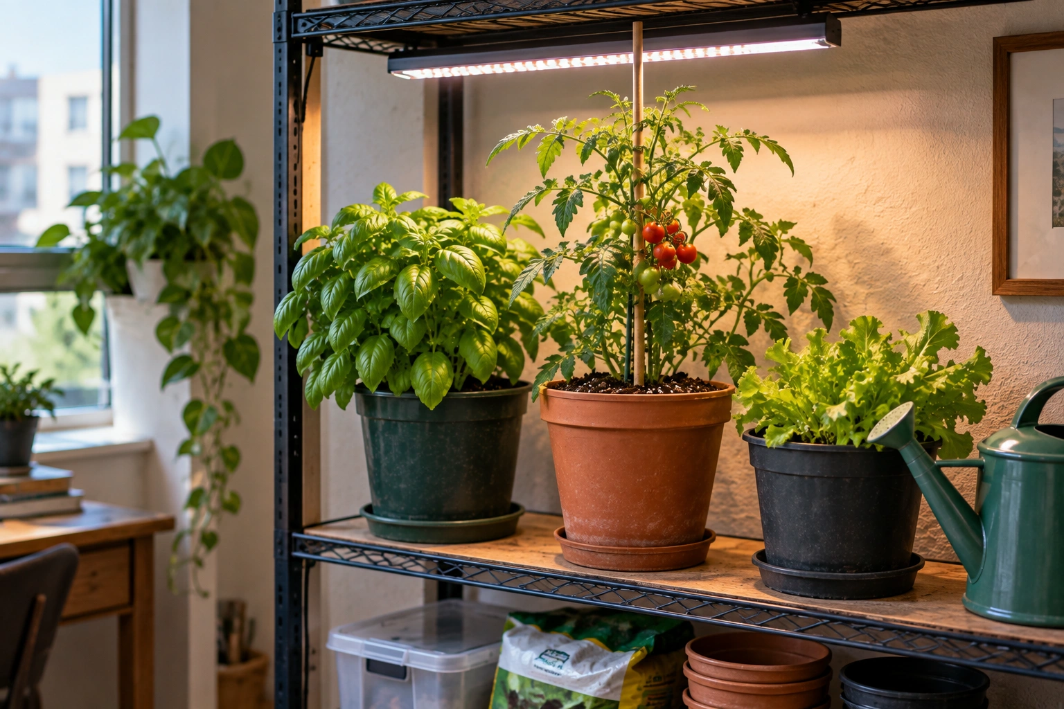 Practical small garden with basic pots, growing medium, plant support, and simple gardening supplies