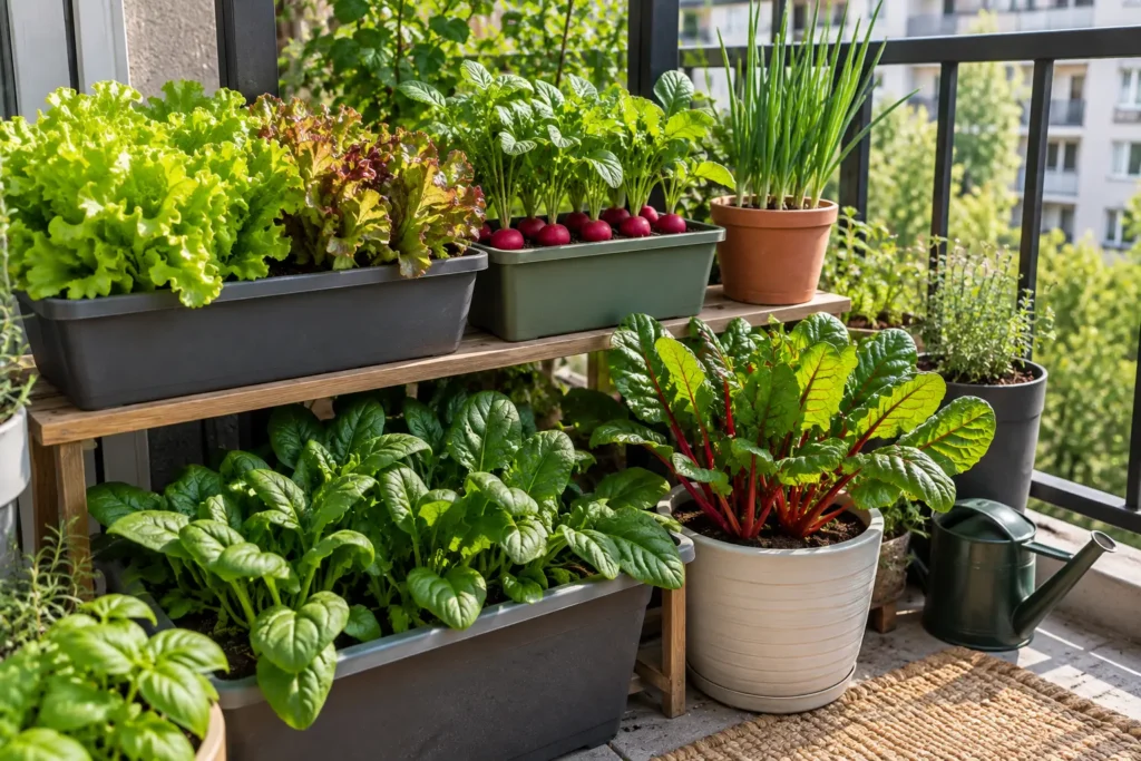 Small-space vegetables growing in compact apartment containers