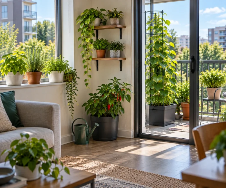 Small space apartment garden using containers shelves and vertical growing