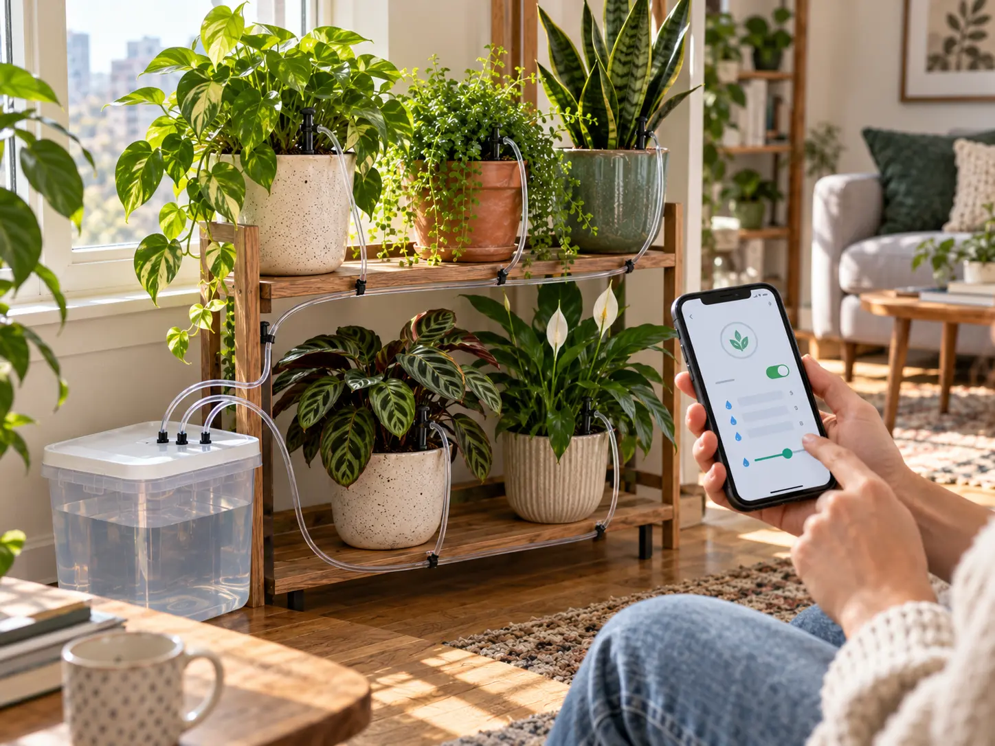 Smart indoor plant watering system with drip tubing and phone app control