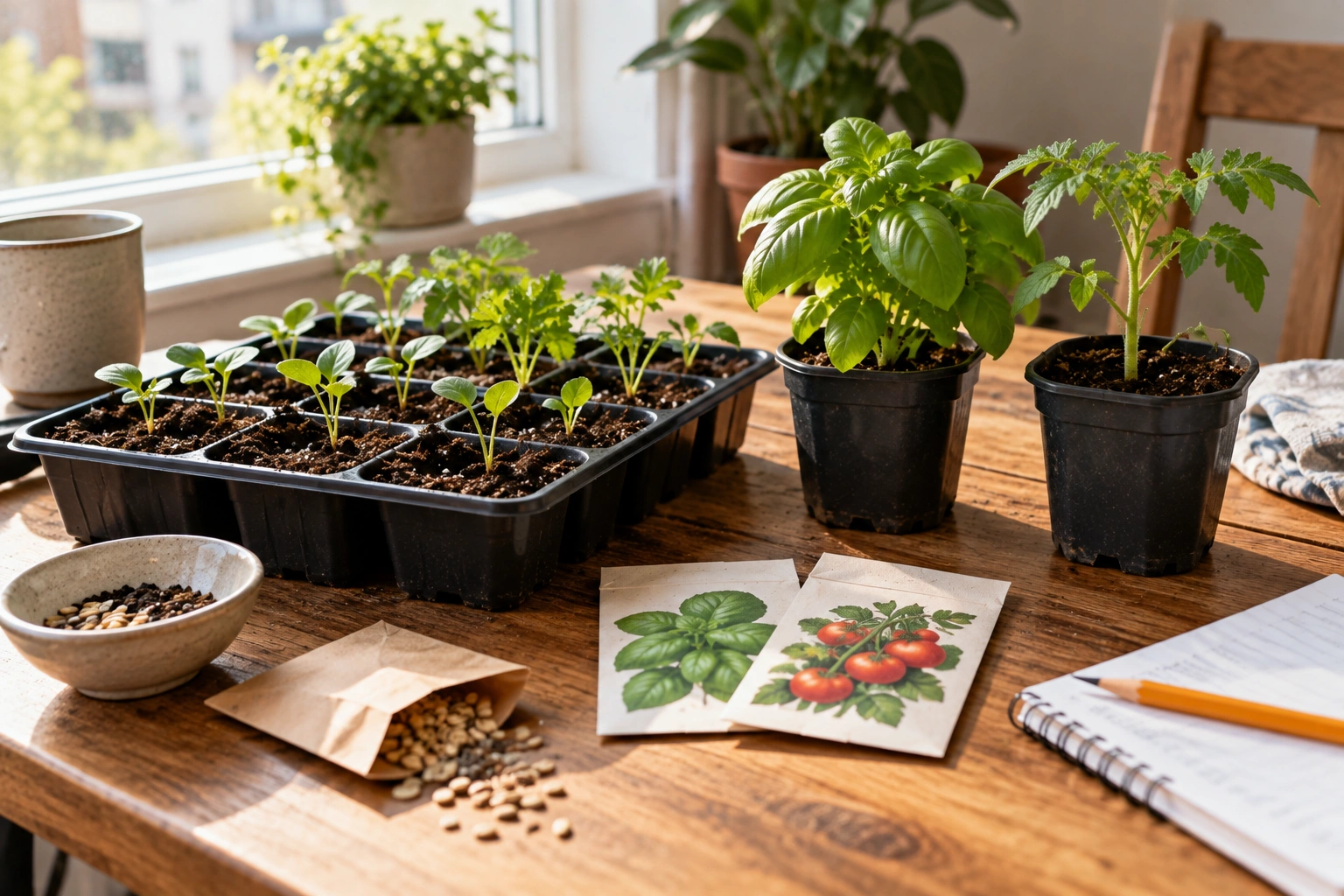 Seedlings and seed packets arranged for an inexpensive small-space garden