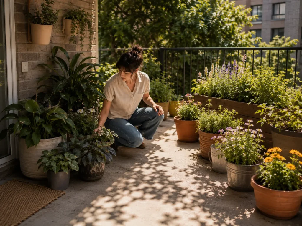 Apartment patio with sunny and shaded planting zones and containers placed for different light conditions