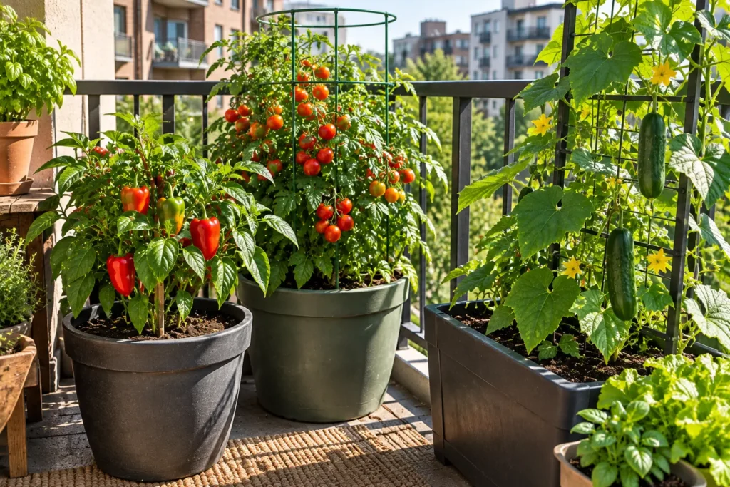 Tomatoes peppers and cucumbers growing on a sunny apartment balcony