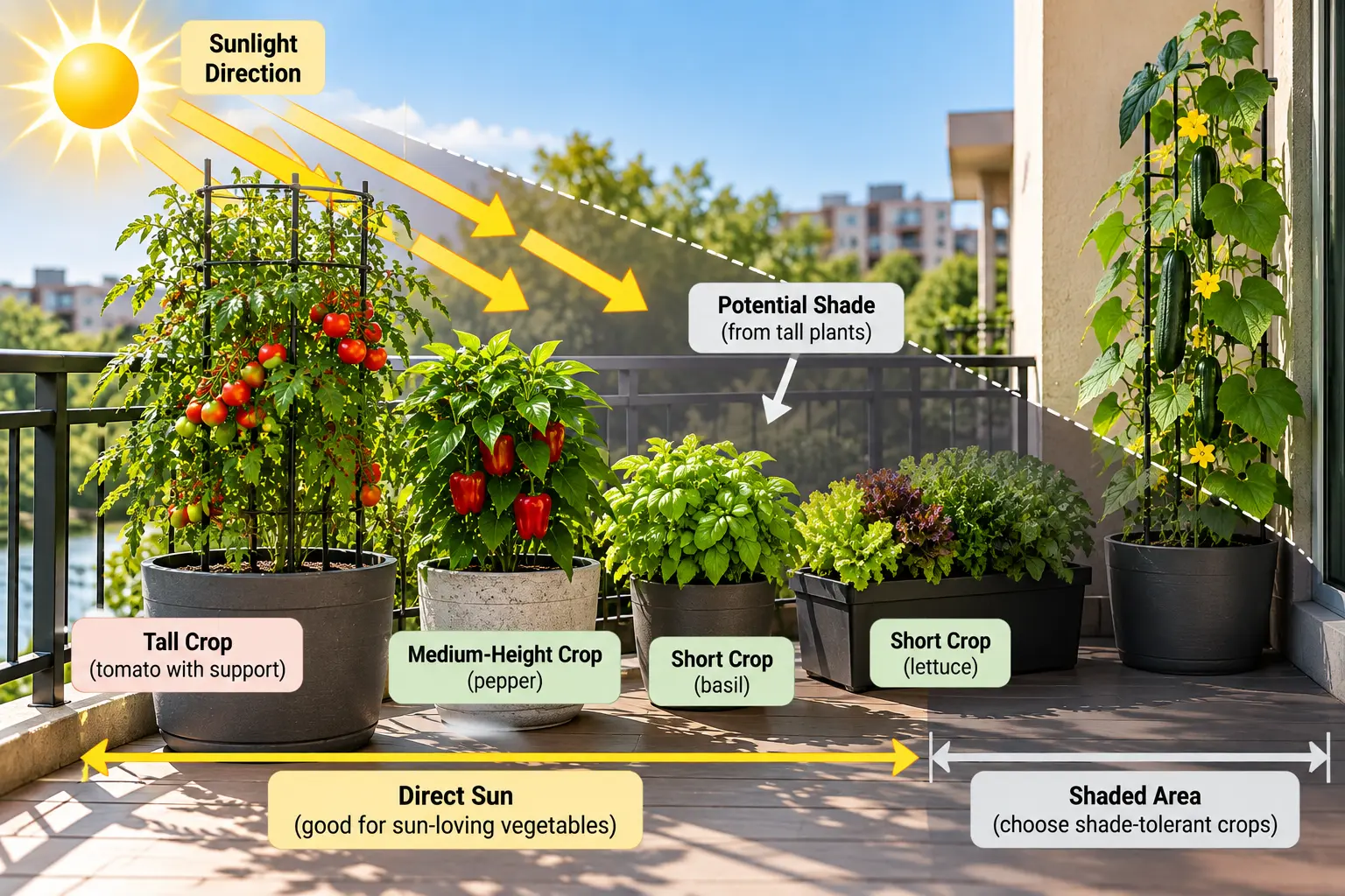 Sunny container vegetable garden layout showing sunlight direction and how tall vegetables and trellises can cast shade on shorter plants.