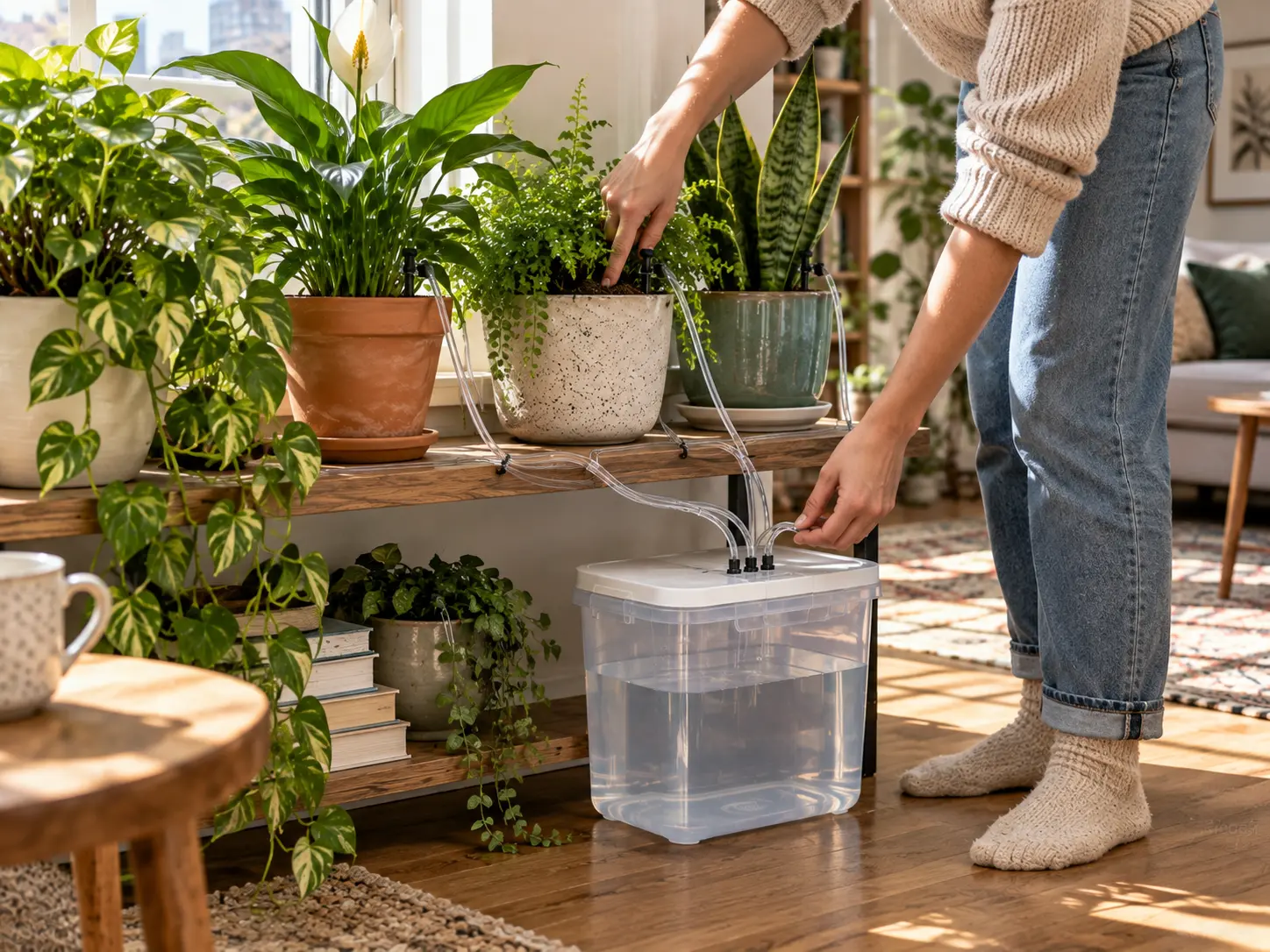 Gardener checking drip emitters and reservoir before leaving plants unattended