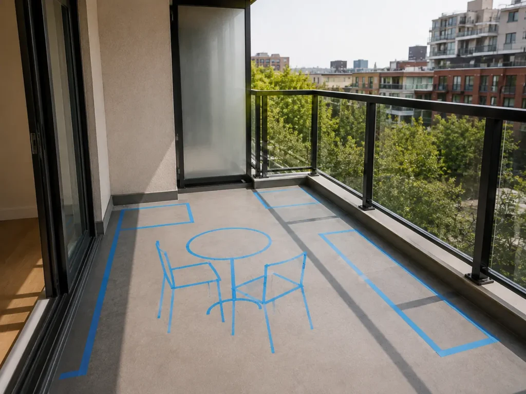 Painter's tape marking future furniture and planter locations on an empty apartment balcony