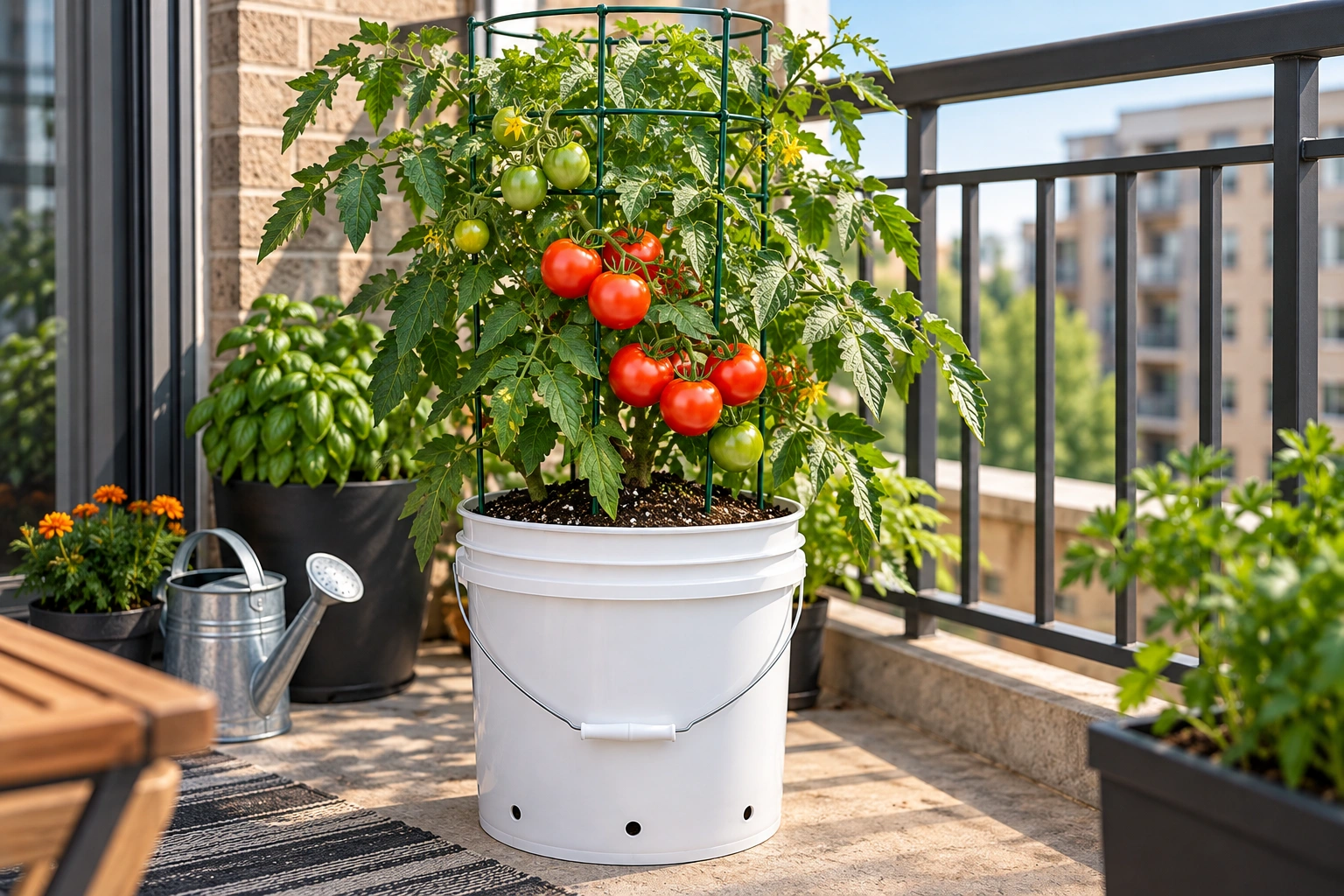 Single compact tomato plant growing in a 5-gallon bucket with a support cage