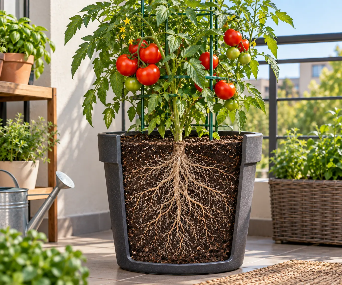 Tomato plant growing in a deep container with space for healthy root growth
