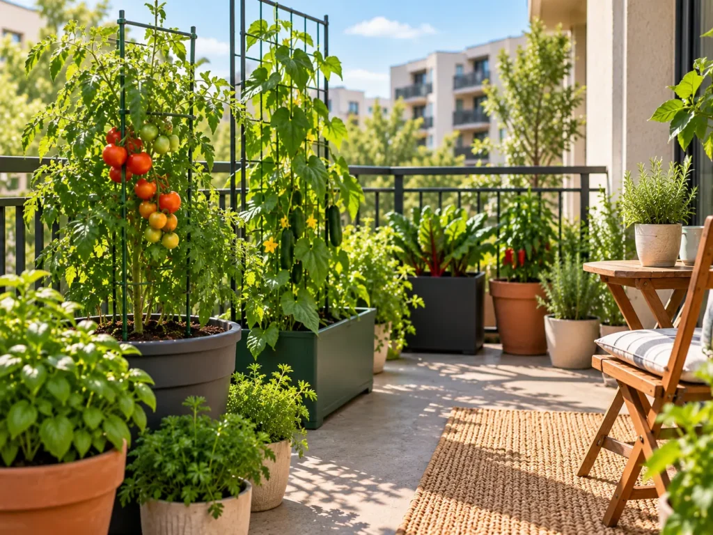 Tomato and climbing vegetables supported by stakes and a trellis in apartment containers