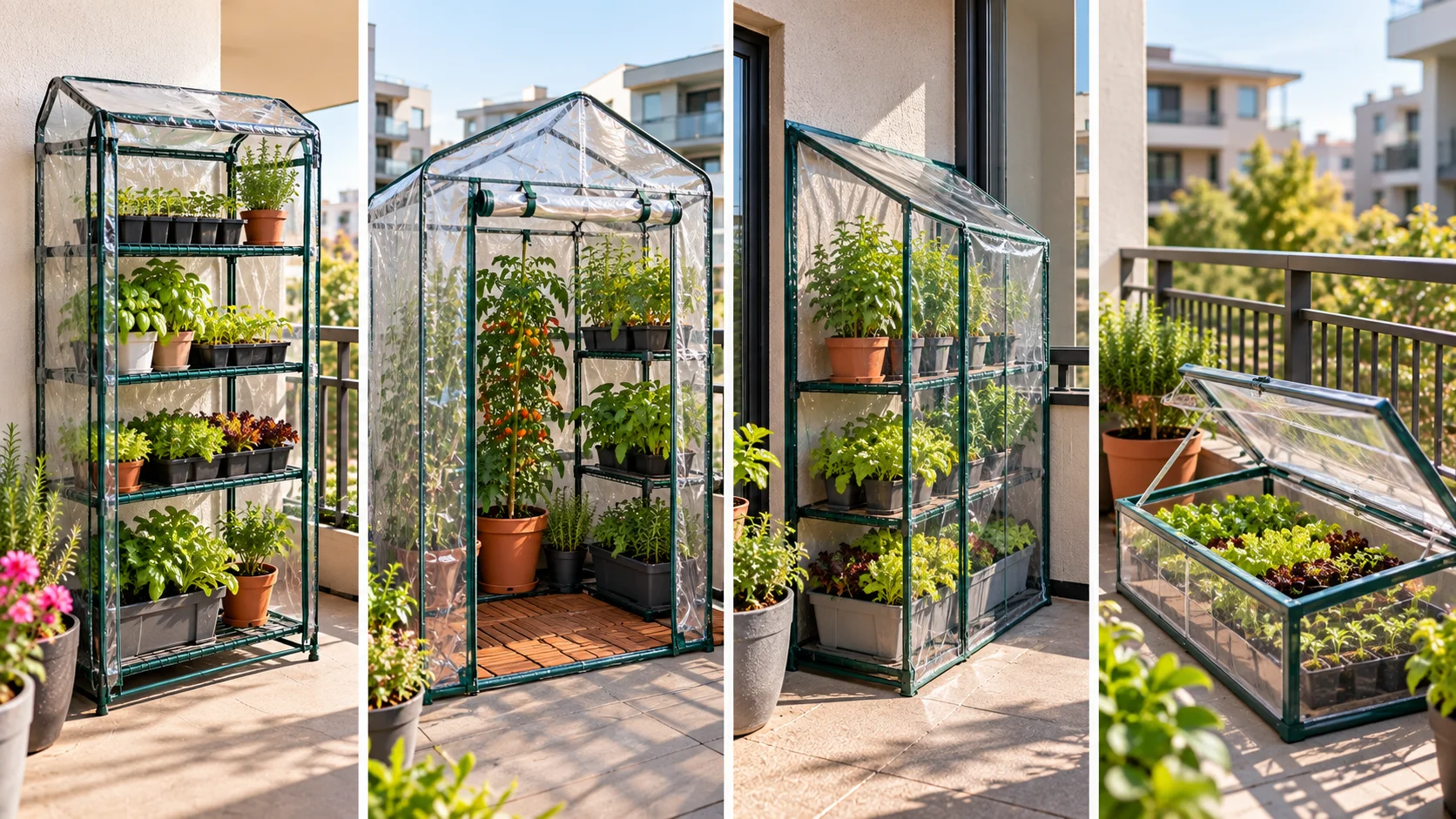 Four small greenhouse styles suitable for different apartment balcony spaces.