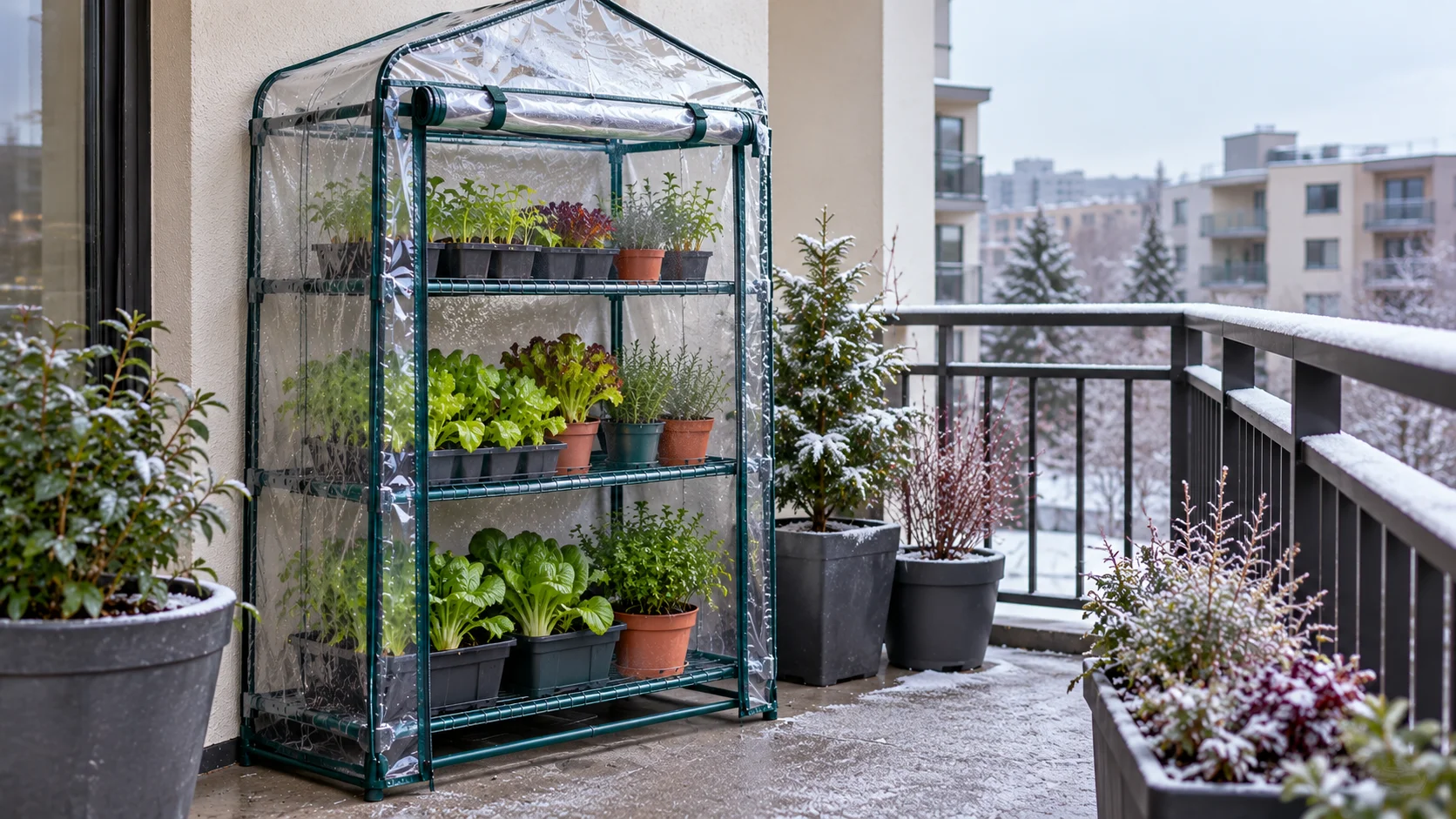Unheated mini greenhouse protecting small container plants on an apartment balcony in cold weather.