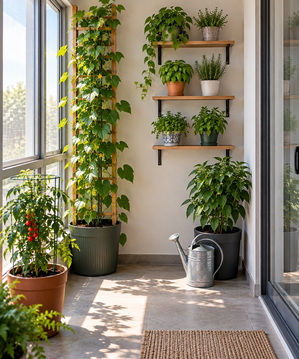 Small garden using floor shelves and wall space for plants