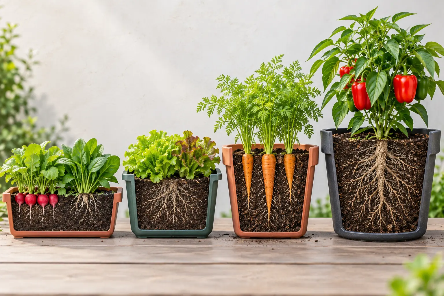 Side-view comparison of shallow, medium, and deep containers for growing vegetables