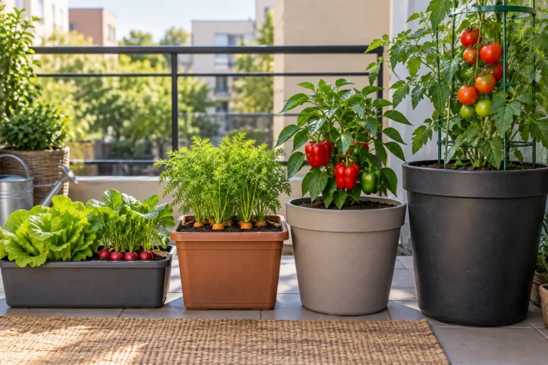 Vegetable containers of different depths growing lettuce, carrots, peppers, and tomatoes