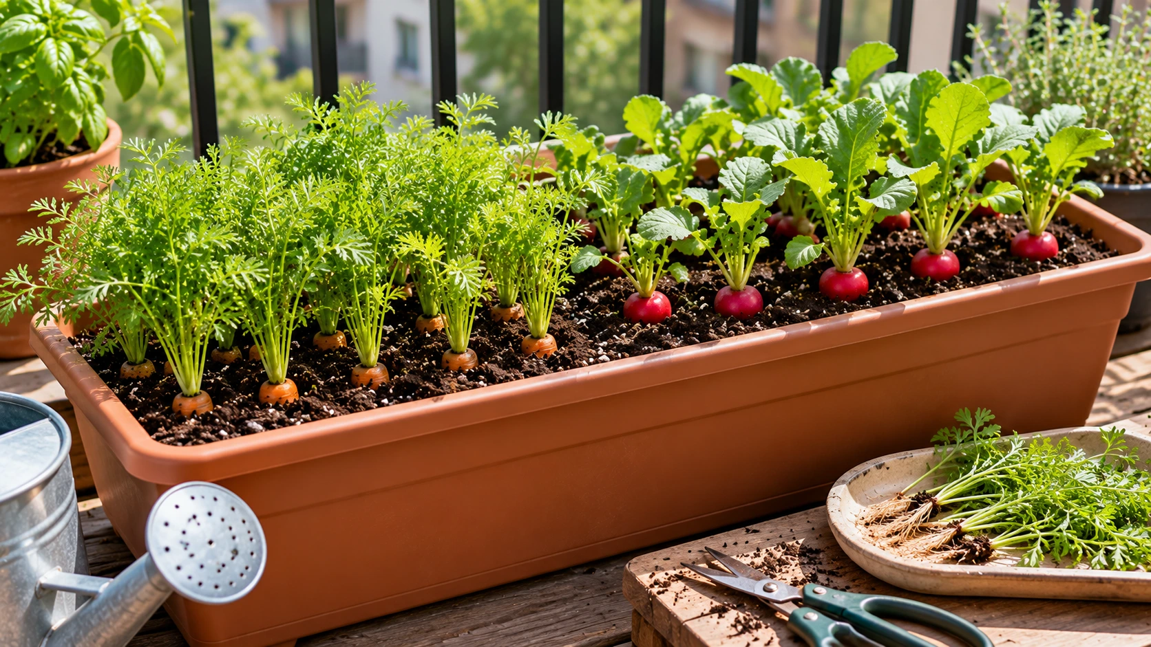 Carrots and radishes evenly spaced in a wide container after seedlings have been thinned