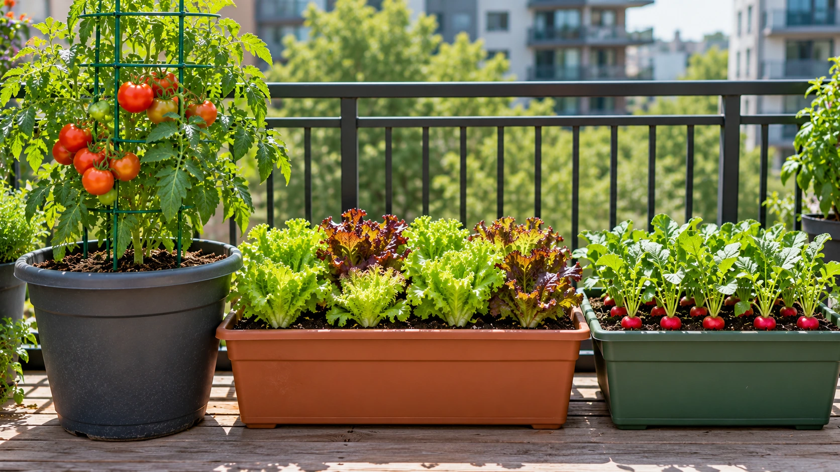 Vegetable plants per container comparison showing one tomato, several lettuce plants, and evenly spaced radishes