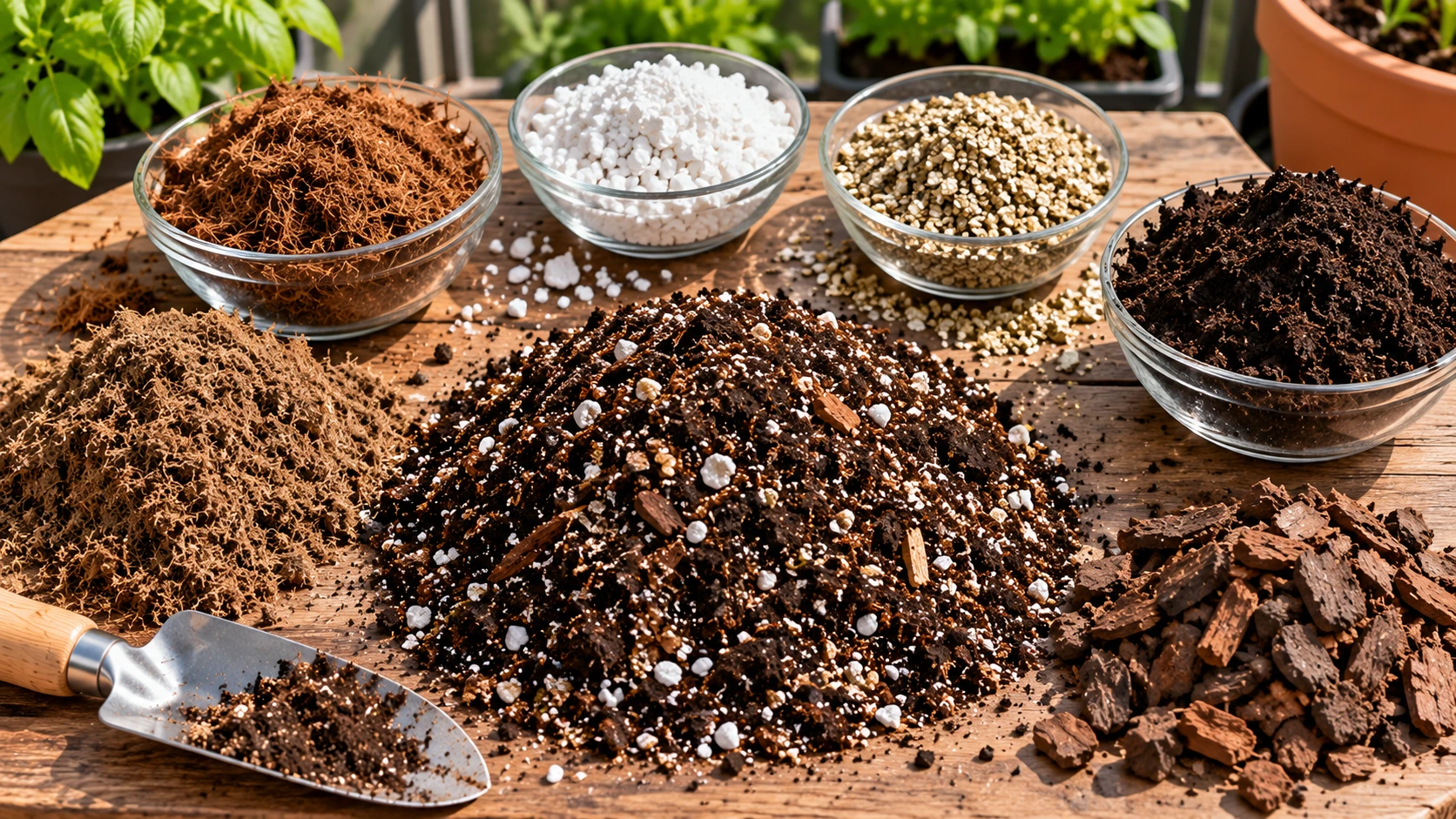 Peat or coir, perlite, vermiculite, composted bark and compost used in vegetable potting mix