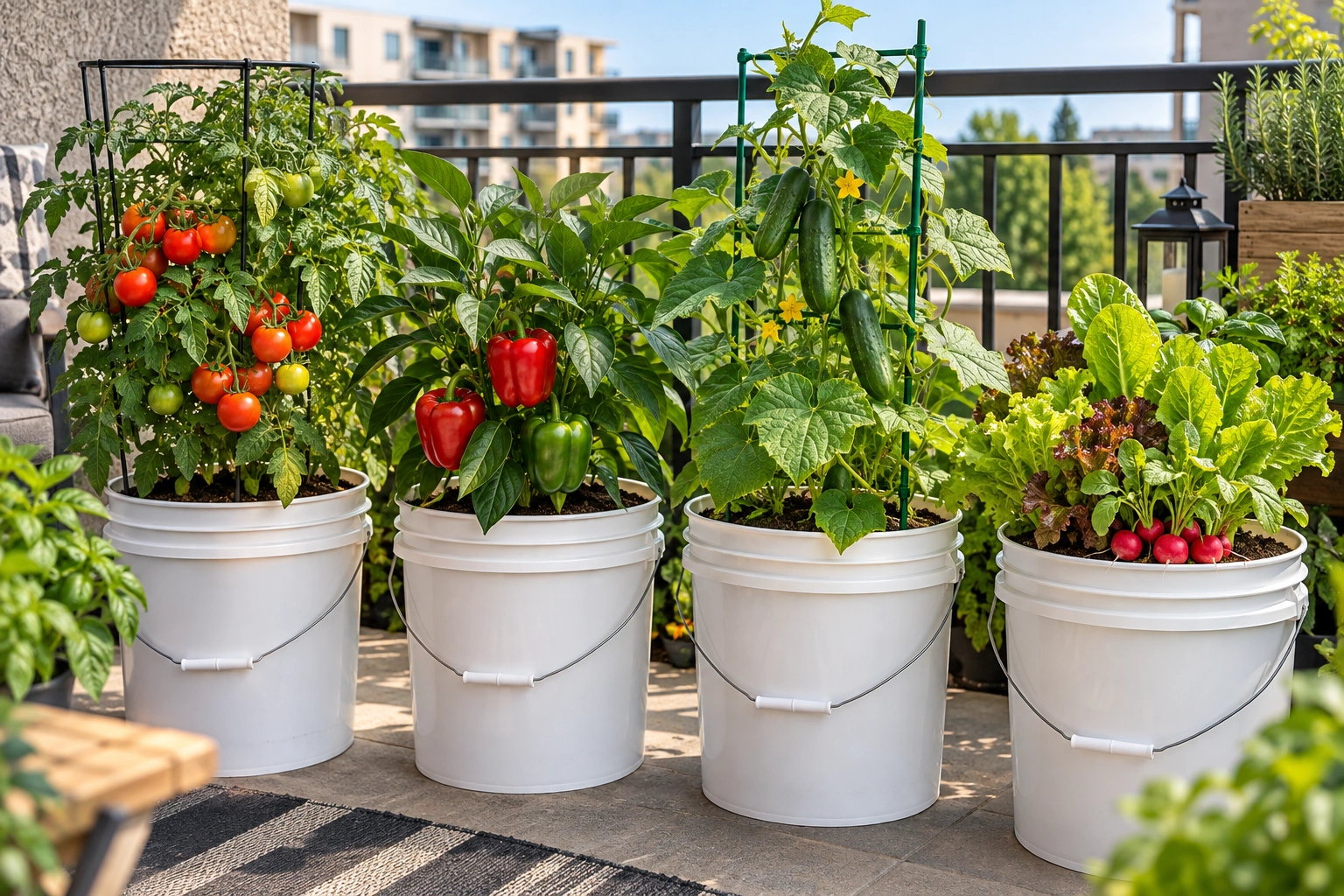 Tomatoes, peppers, carrots, lettuce, and other vegetables growing in 5-gallon buckets