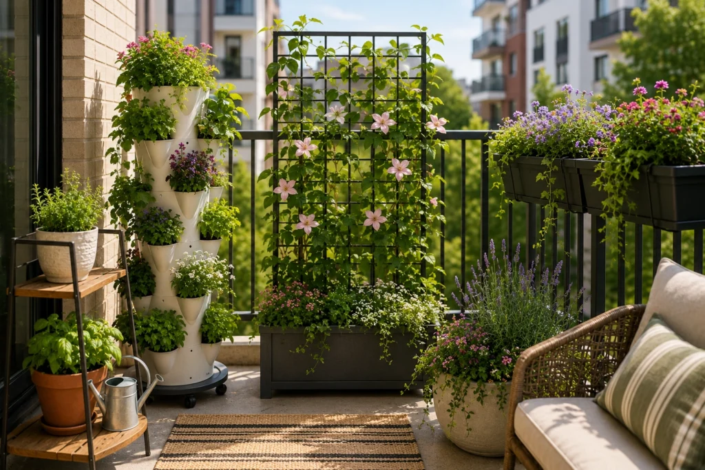Freestanding vertical garden with a trellis planter on a small apartment balcony