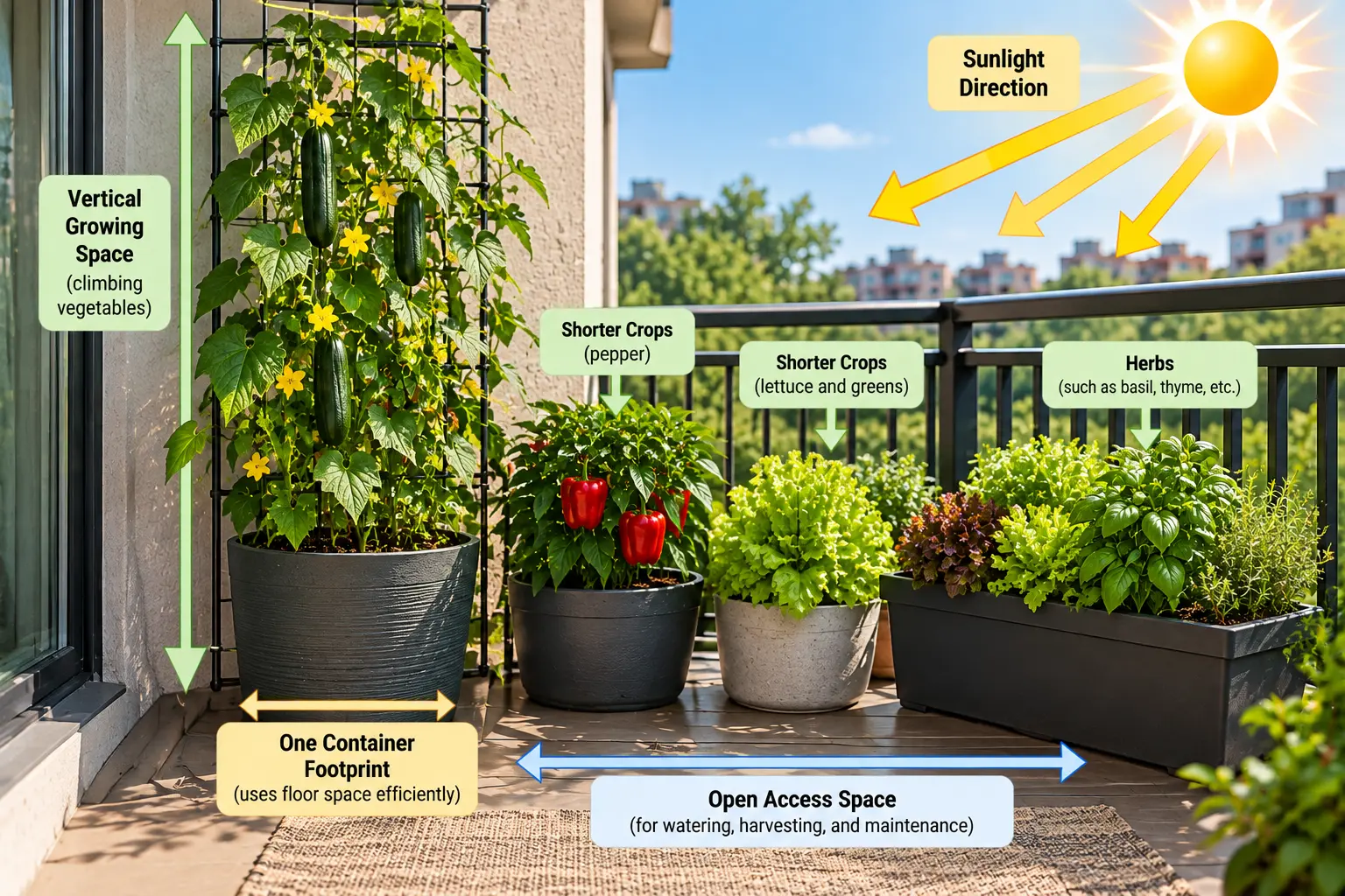 Vertical container vegetable garden layout using a trellis for climbing vegetables while preserving floor space and access to shorter container crops.