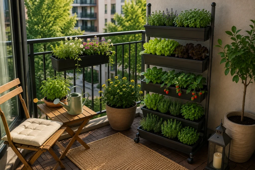 Freestanding vertical garden using limited space on an apartment balcony